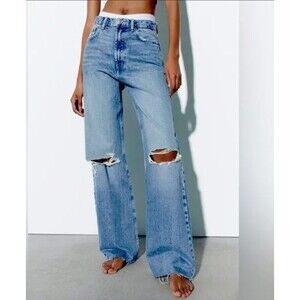 Zara Women Distressed High Waisted Baggy Denim Jeans Size 6 Wide Leg Streetwear